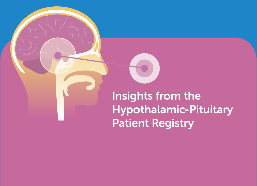 Graphic showing illustration of brain and tumor location. Header : Insights from the Hypothalamic-Pituitary Patient Registry